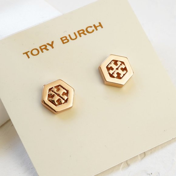 Tory Burch Hex Logo Stud Earrings Rose Gold